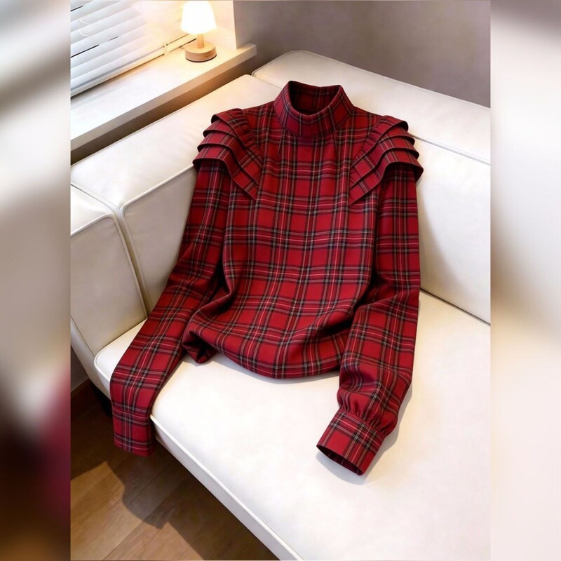 Elegant red plaid shirt with a stand-up collar, stylish for commuting, versatile, flattering and age-reducing women's clothing, 2026 spring new niche design