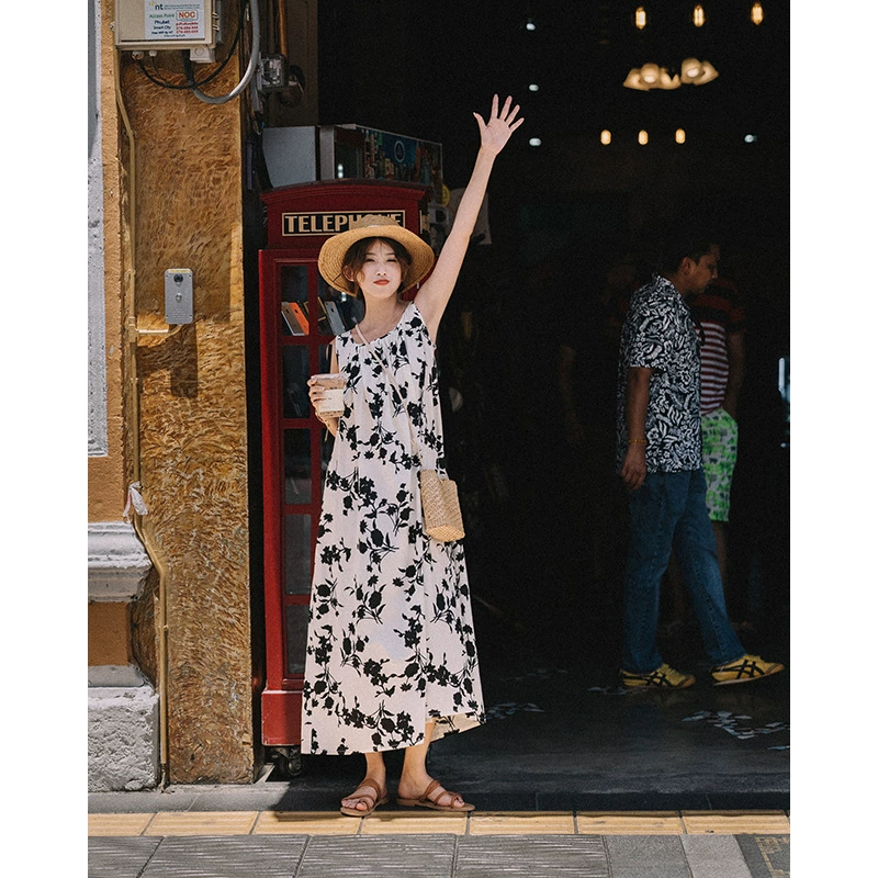 Жилет для прикрытия тела, свободная длинная юбка в праздничном стиле, летнее домашнее платье с открытой спиной и принтом в стиле ретро.