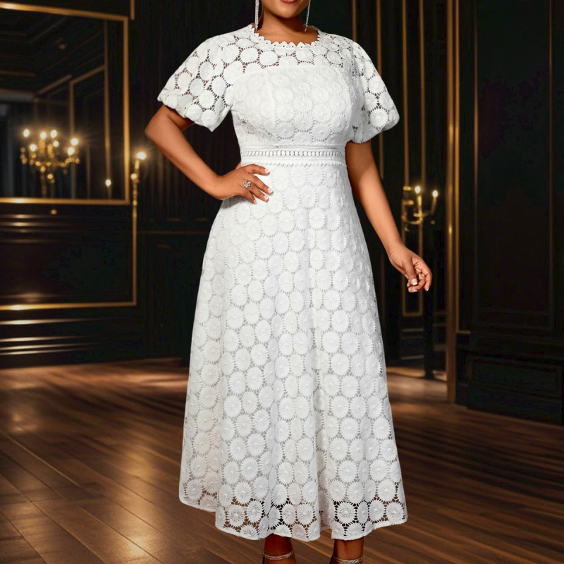 Cross-Border African Large Size Round Neck Lace Puff Sleeve Dress High Waist Slim A-Hem Banquet Evening Dress Dress