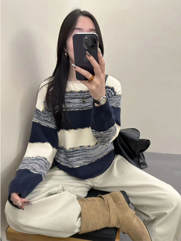 撞色条纹针织衫女宽松外穿2025秋冬新款慵懒洋气圆领长袖打底毛衣|undefined