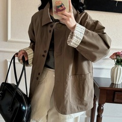 韩国chic翻领大口袋休闲拼接条纹风衣工装短上衣外套女