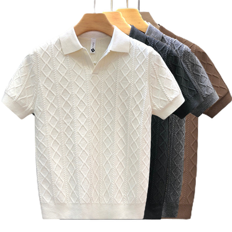 Men's Clothing Plus Size Men's Shirt Style Short Sleeved V Neck Business Collar Cable Knit T-Shirt For Formal & Casual_voghion.com