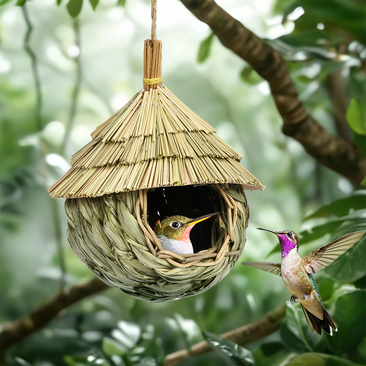 Casa Tejida a Mano para Colibríes de Estilo Rústico para Jardín Exterior