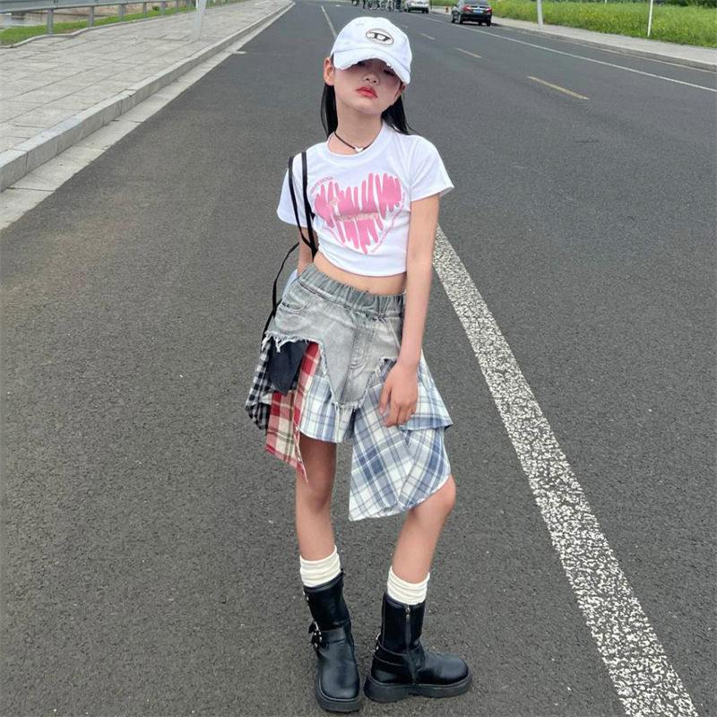 女童夏季拼接不规则牛仔裙2024新款中大儿童韩版明星同款半身裙潮