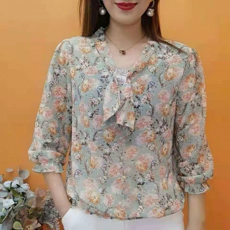 Цветочная шифоновая рубашка большого размера женский топ 2024 весна и лето новый прилив топ свободный иностранный темперамент маленькая рубашка