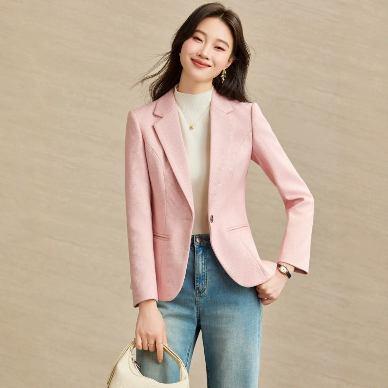 Pink twill waist-cinching blazer for women, spring and autumn, single-button, slim fit, petite, versatile workwear top