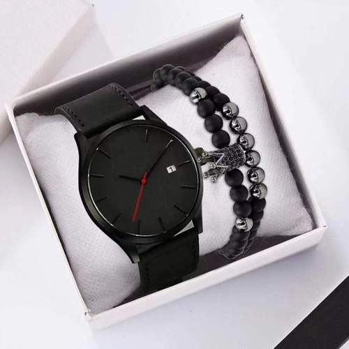 Foreign trade men's casual fashion calendar belt watch three-piece set with bracelet gift set quartz men's watch
