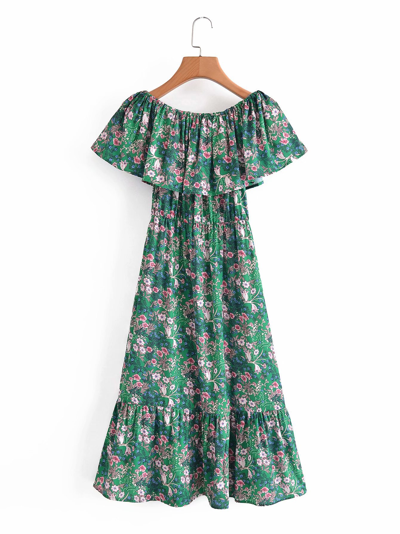 retro printing strapless waist dress  NSAM48863