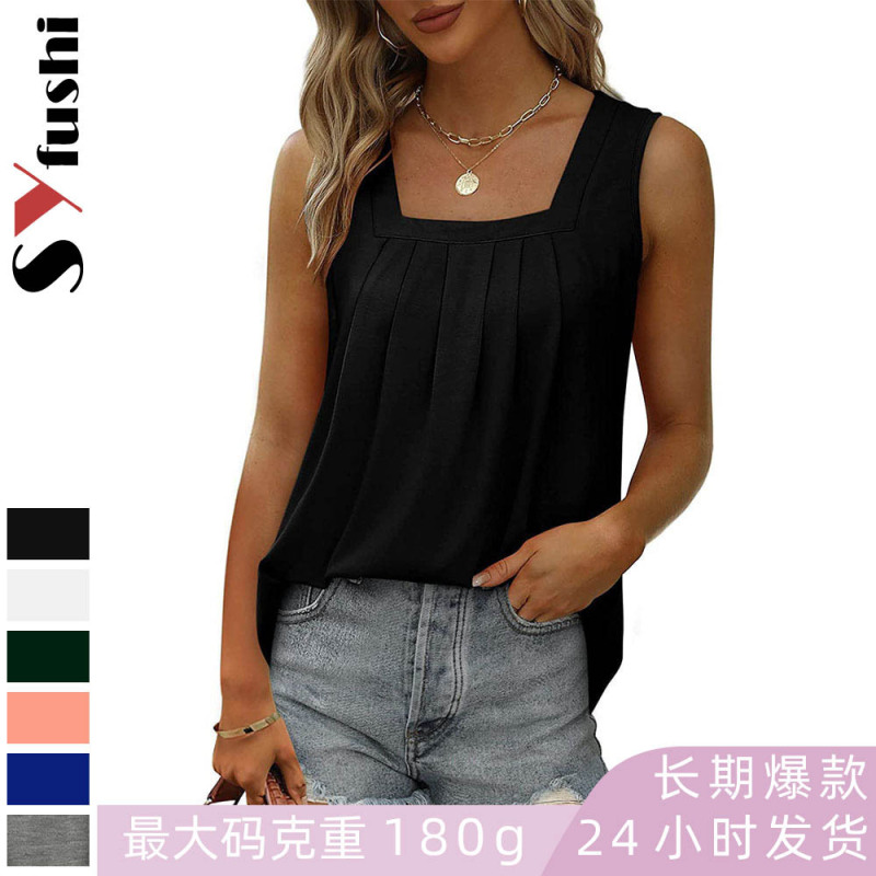 European and American Amazon Cotton Blended Sling Style Pull-Up Sling Pleated Square Collar Vest Women's Fashion Inner Top European and American Amazon Cotton Blended Sling Style Pull-Up Sling Pleated Square Collar Vest Women's Fashion Inner Top
