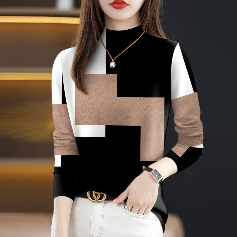 批发2025新款春秋爆款女士t恤遮肚薄款半高领时尚长袖一件代发|undefined