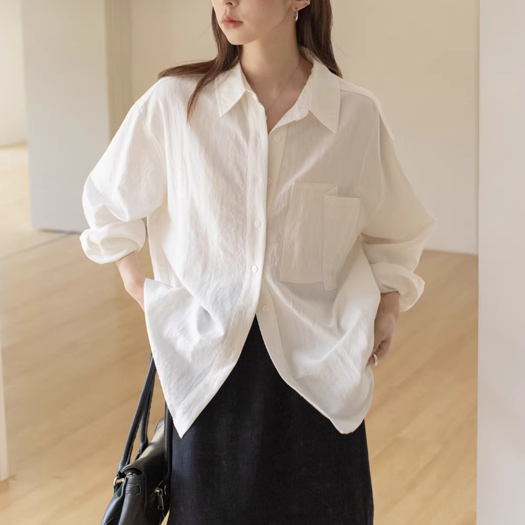 Vnook Solid Color Simple Lapel Shirt for Women, Spring/Summer 2026 New Casual Large Pocket Drapey Long-Sleeve Top Vnook Solid Color Simple Lapel Shirt for Women, Spring/Summer 2026 New Casual Large Pocket Drapey Long-Sleeve Top