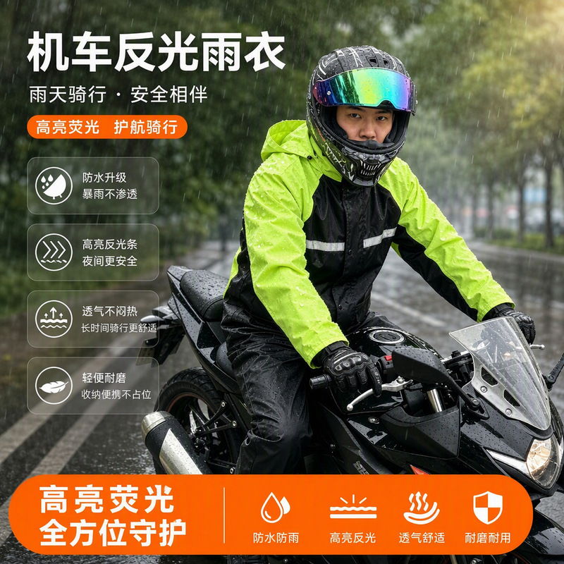 Cycling two-piece raincoat and rainpants set with thick breathable lining, suitable for duty, delivery, color-blocking, reflective, rainproof Cycling two-piece raincoat and rainpants set with thick breathable lining, suitable for duty, delivery, color-blocking, reflective, rainproof