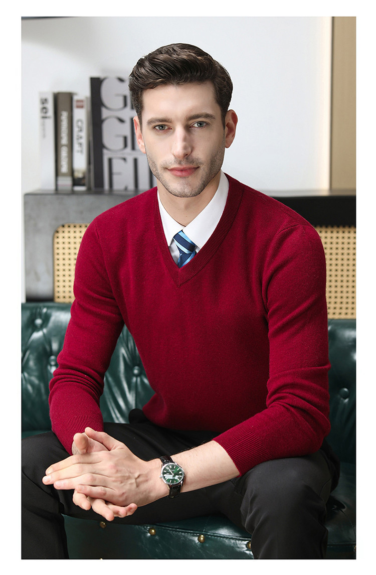 Otoño y invierno suéter de lana pura hombre de negocios casual suéter de hombre color sólido cuello en V engrosado calentamiento fondo suéter de lana de punto
