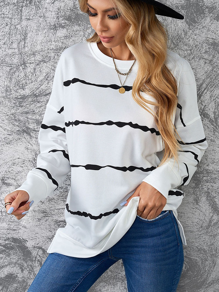 European and American Plus Size Hoodless Striped Printed Sweat Women's European and American Cross-border Loose Long-sleeved Round Neck Top 2531357