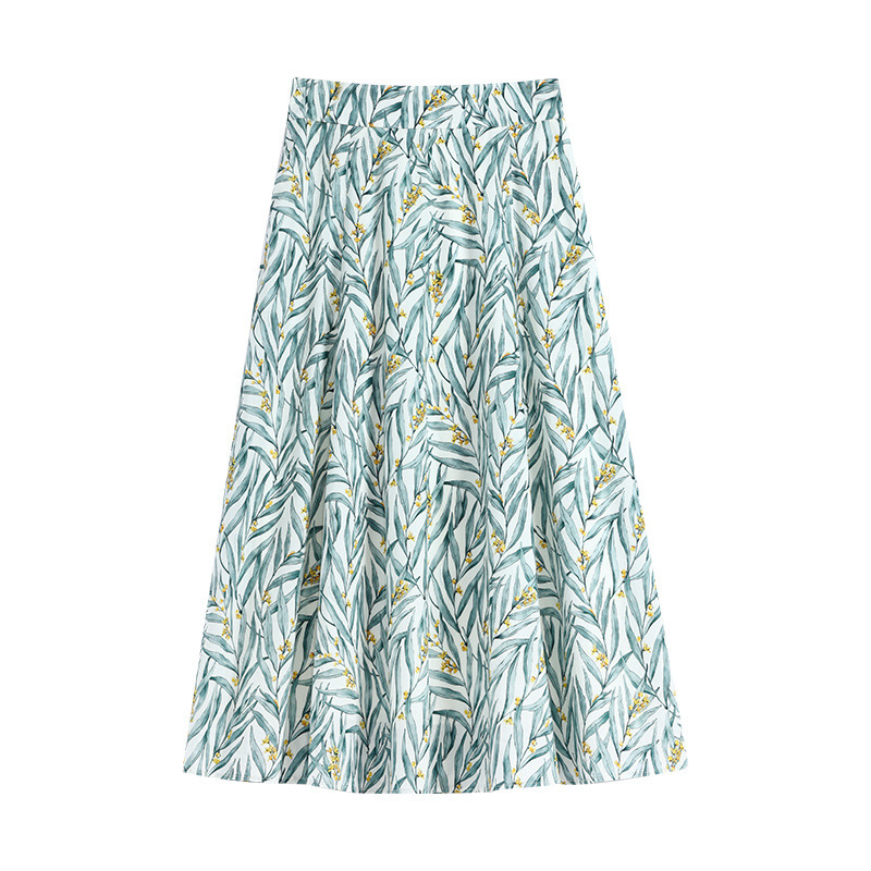 Stylish and Elegant Teal Blue Skirt for Women, 2026 Summer New Vintage Slimming Printed Mid-Length A-Line Skirt