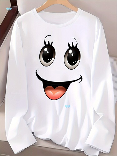 Long Sleeve 3D Smile Pattern Printed Casual Round Neck Shirt