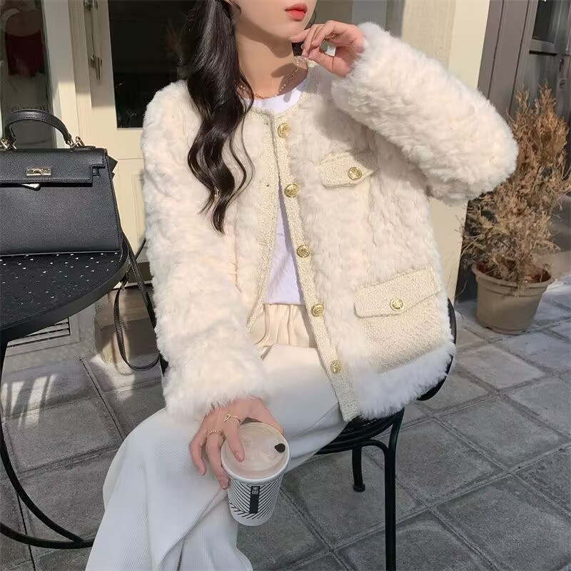 夹棉加厚小香风羊羔毛外套女2025秋冬百搭新款外穿毛绒宽松上衣女|undefined