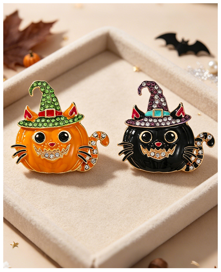 Original Halloween Creative Enamel Brooch with Witch Hat, Pumpkin, and Cat Designs for Atmospheric Decoration