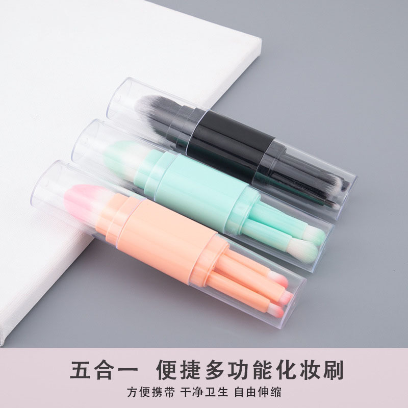 Cinco en uno cepillo de maquillaje portátil de doble cabeza con tapa cepillo de blush en polvo cepillo de sombra de ojos herramienta de maquillaje multifuncional