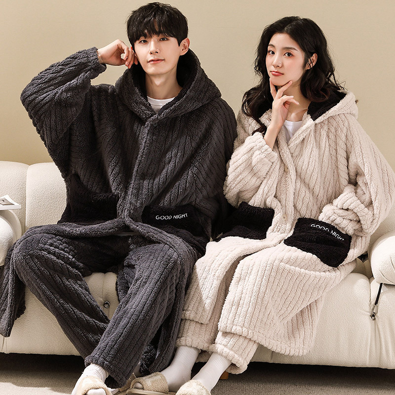 Winter Couple's Nightgown for Men, Fleece-Lined and Thickened Coral Fleece Sleepwear for Women, Spring and Autumn Flannel Long Bathrobe, Home Wear