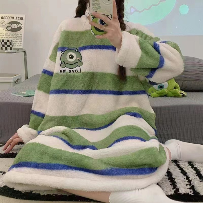 Pijama de lana de coral, pijama de lana de coral largo de invierno para mujeres, franela y lana gruesa, vestido grande, ropa para el hogar