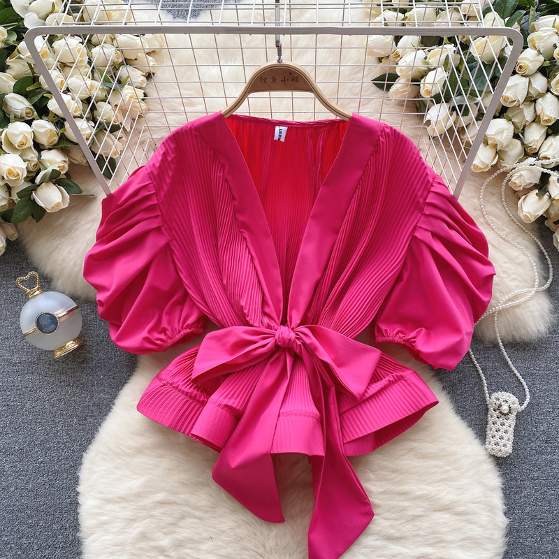 French-style Hong Kong-style High-grade Puff Sleeve Shirt Women's Autumn Waistband Pleated Atmosphere Light Luxury Socialite Top French-style Hong Kong-style High-grade Puff Sleeve Shirt Women's Autumn Waistband Pleated Atmosphere Light Luxury Socialite Top