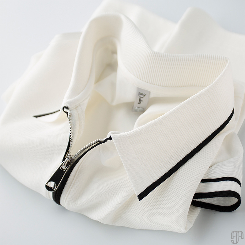 Texture Online ~ Ice Silk Bead Half Zipper White POLO Shirt Men's Short-sleeved Slim-fit Lapp T-shirt Men's Summer Thin