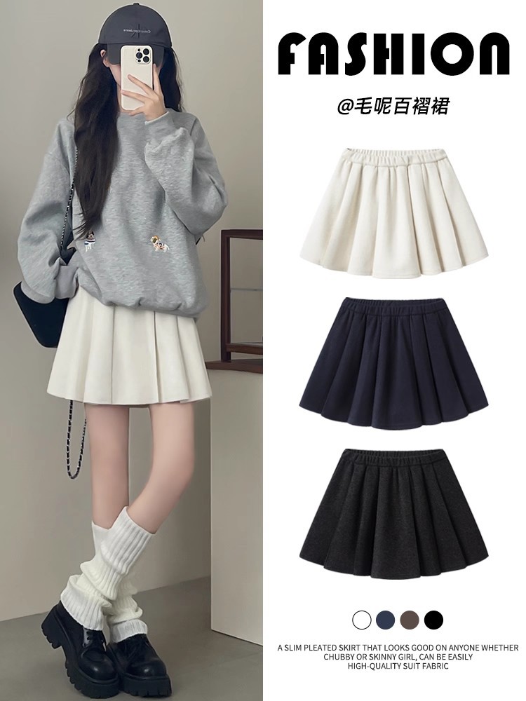 White autumn demi-season woolen pleated skirt