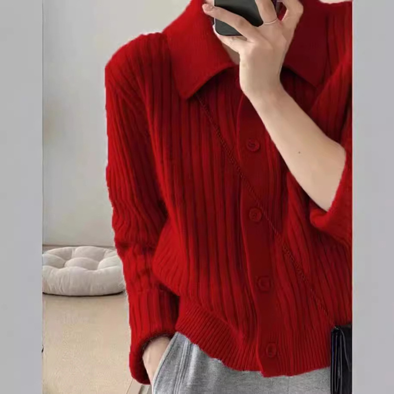 洋气宽松短款POLO领羊绒针织开衫女秋冬坑条加厚外套小个子羊毛衫|undefined