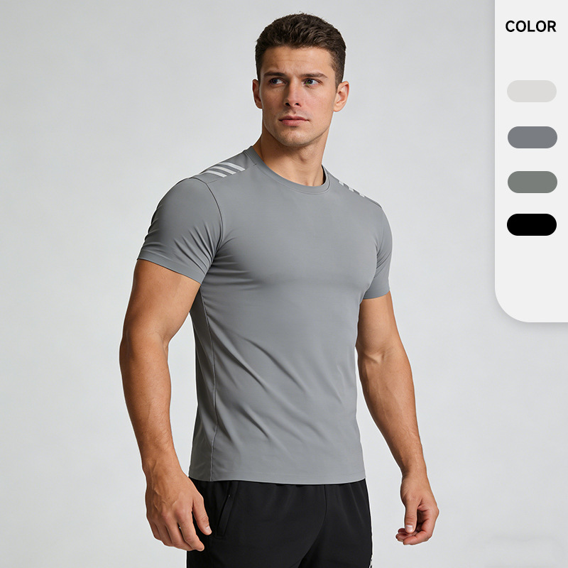 New Foreign Trade Cross-Border Fitness Solid Color Clothing for Men, Running Training Round Neck Short-Sleeved Sports Ice Silk Quick-Drying Shirt