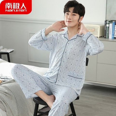 Estilo coreano de primavera y otoño cardigan hombres 100% pijamas de algodón de manga larga de otoño e invierno de algodón Delgado de los hombres ropa para el hogar
