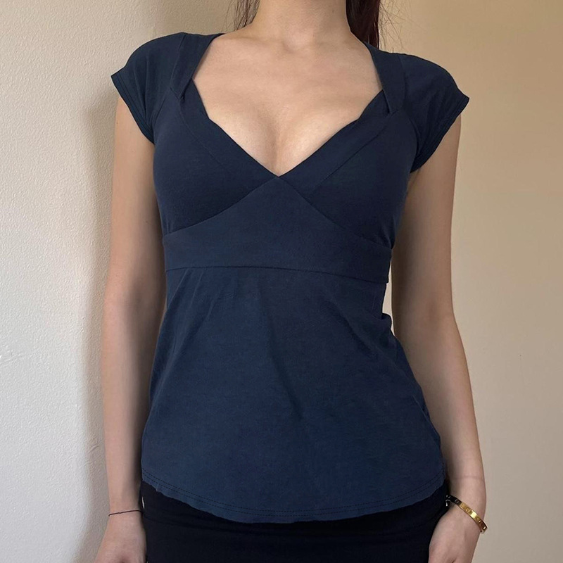 Girl's Style Short-sleeved Top With Tie-up Bow, Waist-cinching, Slimming, Sexy V-neck, Casual And Versatile_ecoleips.com