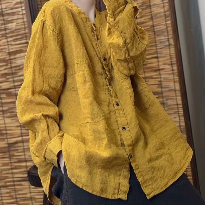 2026 Spring New Korean Style Washed Linen Shirt for Women, Artistic Loose Fit Versatile Turn-Down Collar Cardigan Shirt 9733