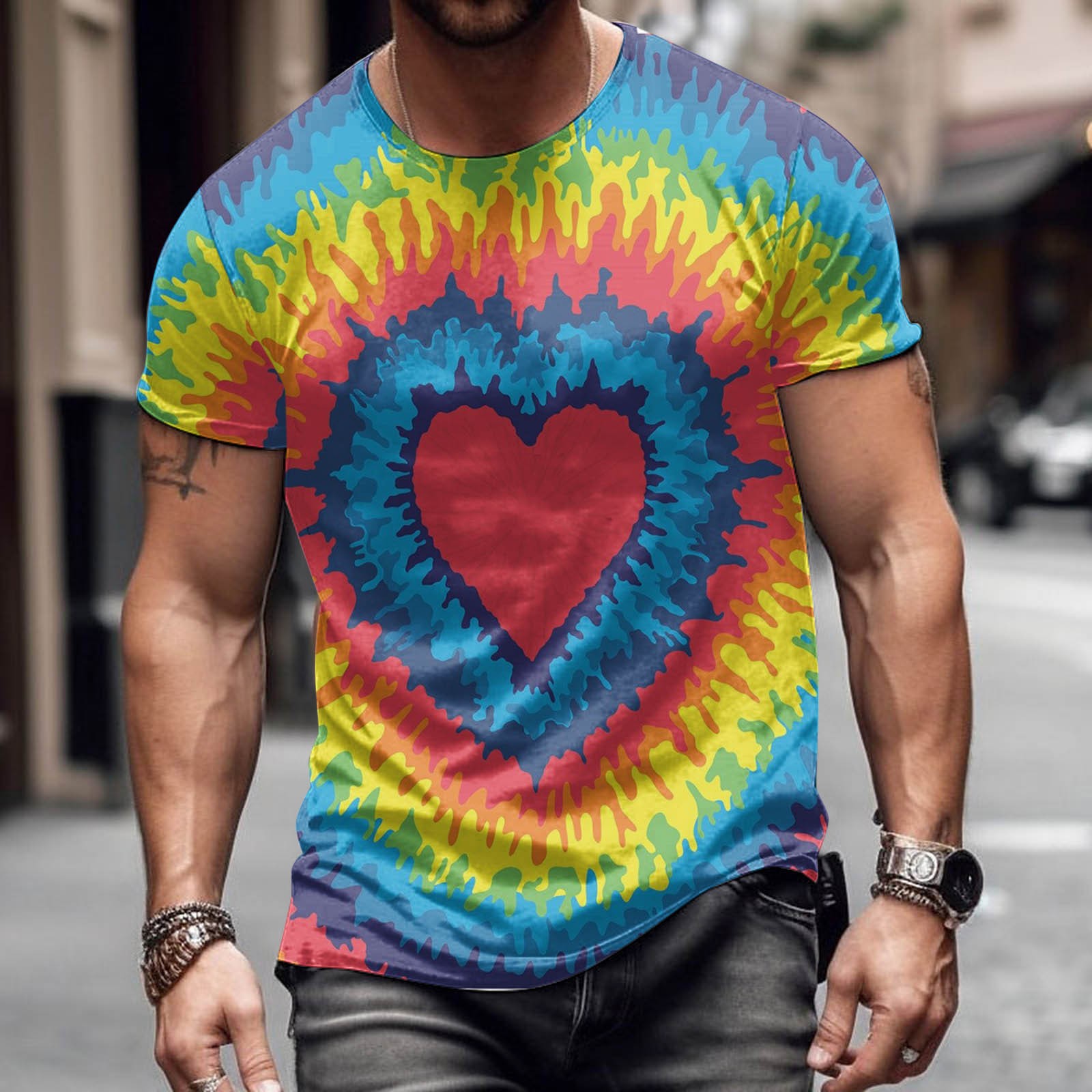 Moda romántica Día de San Valentín colorido amor 3D cepillado lleno de impresión de los hombres calle alta suelta transpirable camiseta de manga corta en stock