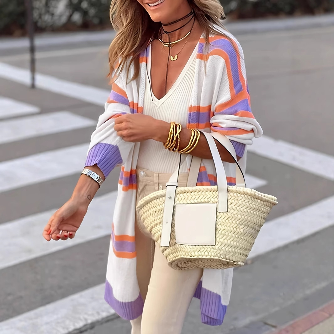 欧美女士时尚条纹中长款针织外套秋季新款长袖宽松休闲开衫毛衣女