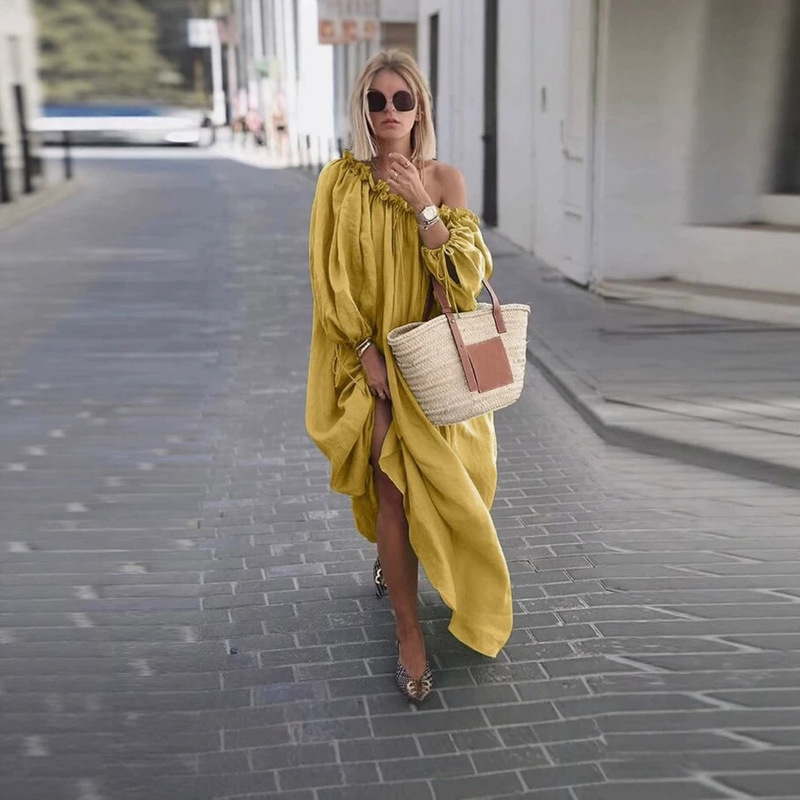 2026 New European and American Style Off-Shoulder Ruffled Long Dress Vacation Dress for Women Loose Solid Color Cotton and Linen Long-Sleeved Flowing Dress 2026 New European and American Style Off-Shoulder Ruffled Long Dress Vacation Dress for Women Loose Solid Color Cotton and Linen Long-Sleeved Flowing Dress