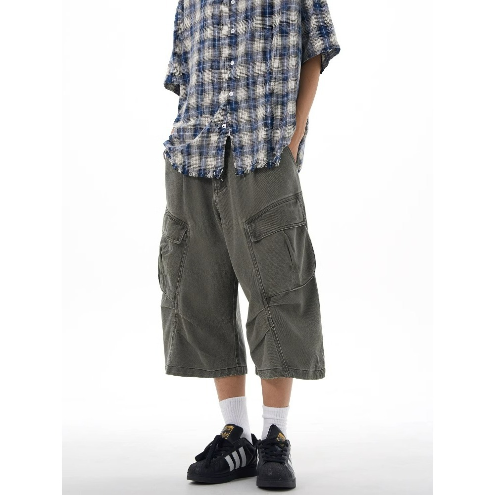 American-Style Pleated Retro Cleanfit Multi-Pocket Cargo Shorts Men Street Loose Versatile Cargo Cropped Pants Men