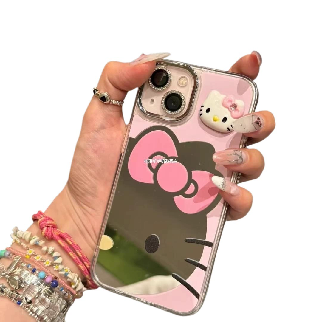 Чехол для телефона Apple iPhone16 — милое фуксиевое зеркало на задней панели, защитный с 3D подвеской в виде котенка