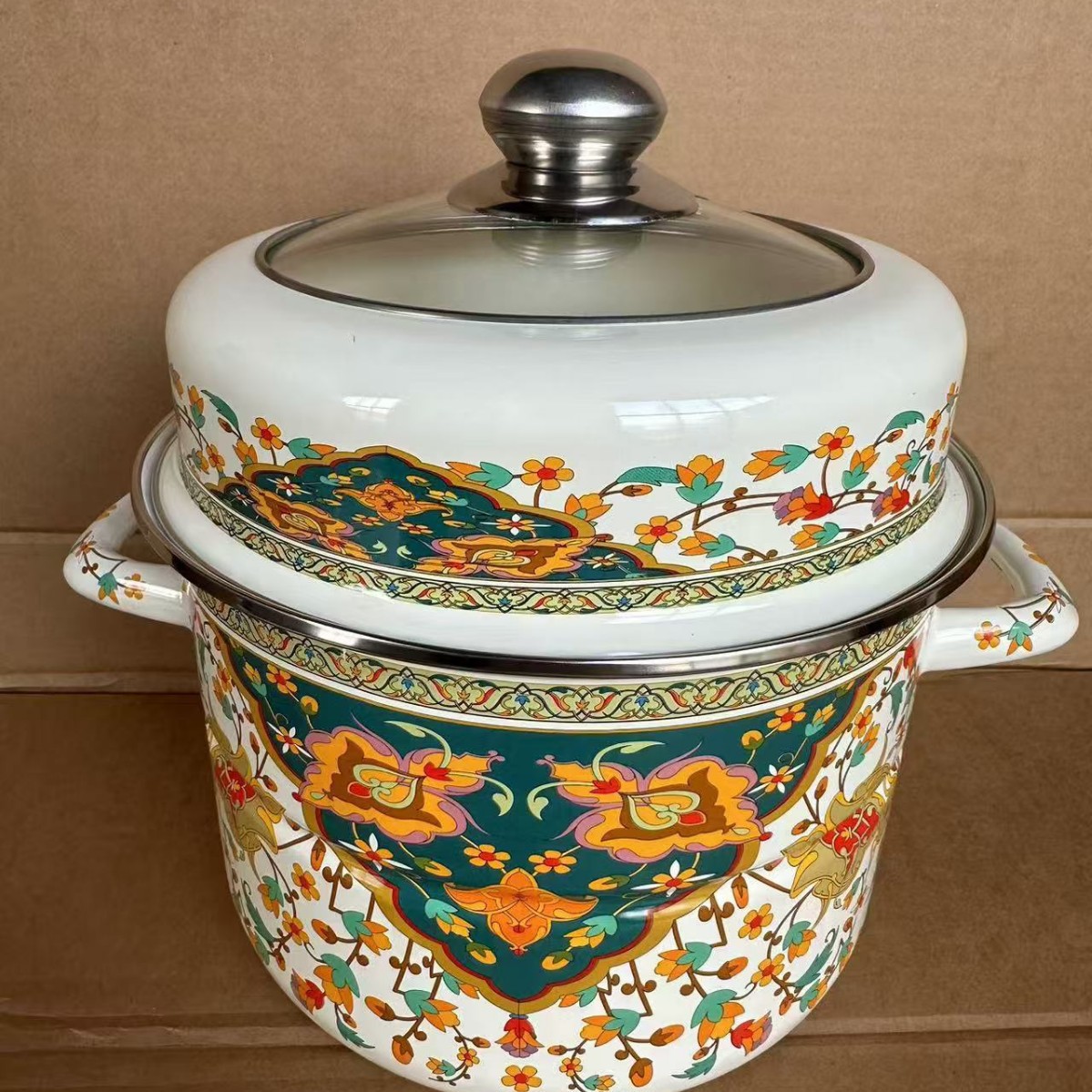 Enamel pot with gold rim, double-handled soup pot, enamel apple pot, kitchen utensils, suitable for induction cookers and gas stoves, enamel stew pot