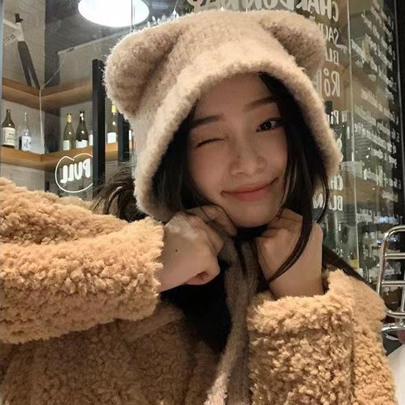Otoño e Invierno estilo japonés todo partido cálido sombrero de lana con cordones hembra de felpa lindo oso oído protección sombrero de punto de moda sombrero frío