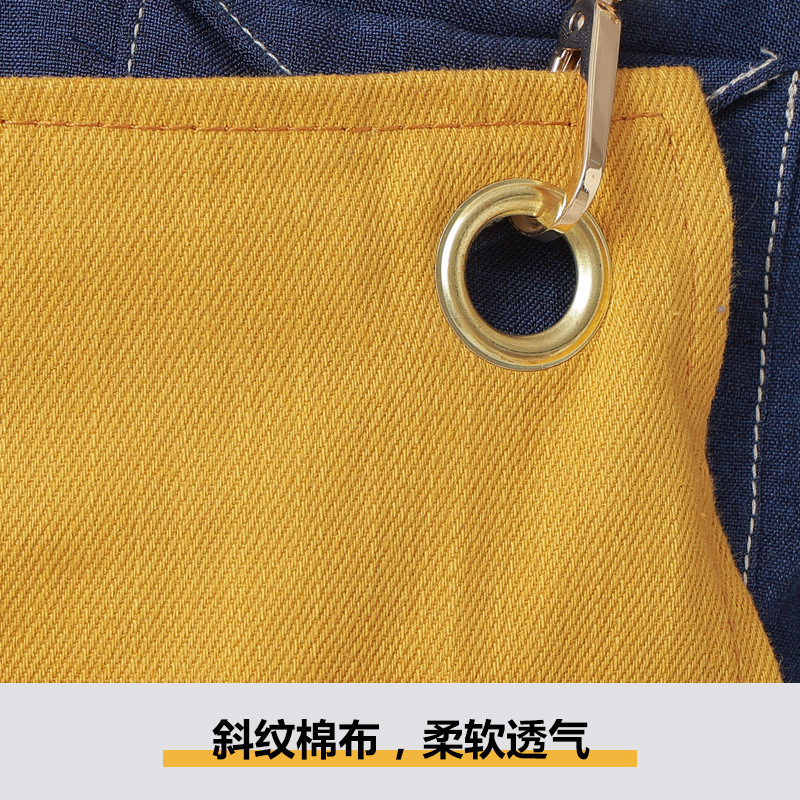 Delantal transfronterizo de algodón de sarga de Amazon, delantal de trabajo amarillo suave con abertura plegable y logotipo personalizado, venta al por mayor