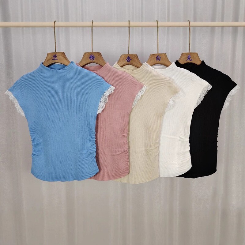 Lace Splicing Round Neck Knitted Short-Sleeved T-Shirt for Women Summer Pleated Slim Fit Inner Design Slim Short Top Lace Splicing Round Neck Knitted Short-Sleeved T-Shirt for Women Summer Pleated Slim Fit Inner Design Slim Short Top
