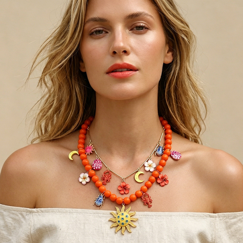 Za Fashion Niche Design Dopamine Beaded Necklace with a Unique and Exaggerated Ocean Style Sunflower Clavicle Chain for Women Za Fashion Niche Design Dopamine Beaded Necklace with a Unique and Exaggerated Ocean Style Sunflower Clavicle Chain for Women