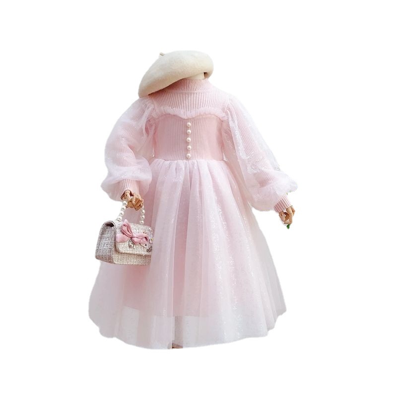Vestido de princesa Coreana de las niñas 2023 otoño malla linterna manga costura estilo occidental de los niños vestido esponjoso de punto