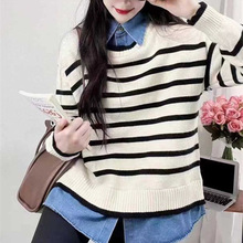 牛仔拼接毛衣女款2025新款秋冬时尚条纹针织衫宽松女士假两件上衣
