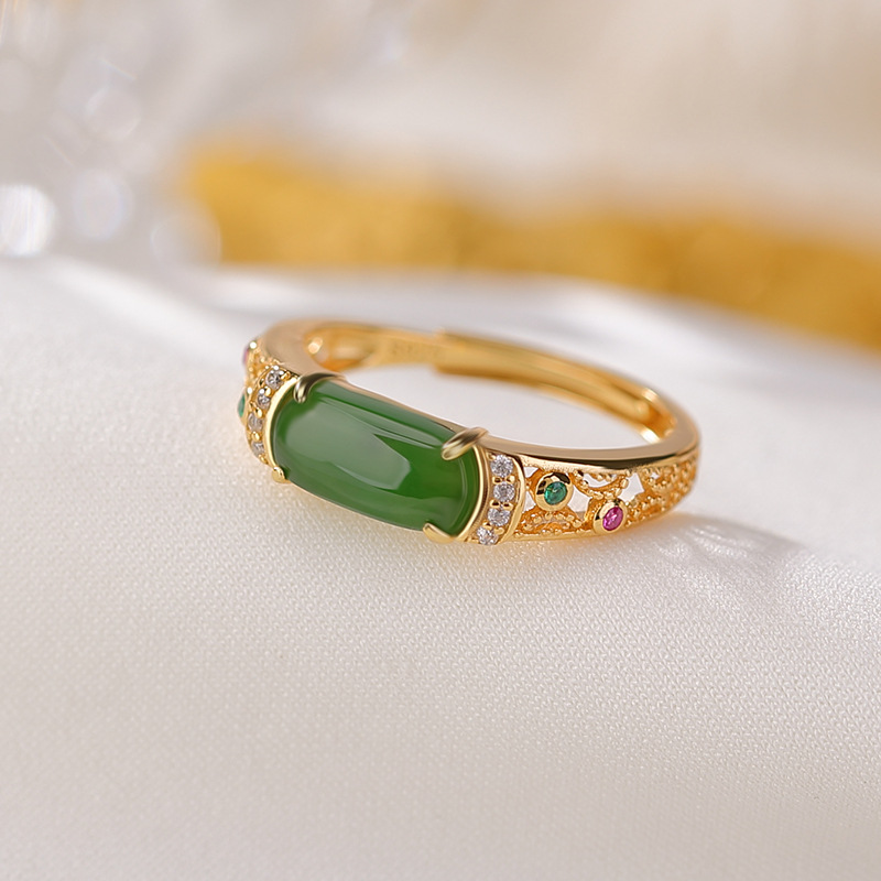 Nhẫn yên xe bạc S925 mạ vàng đính ngọc bích jasper cổ điển sang trọng — Bạc 925