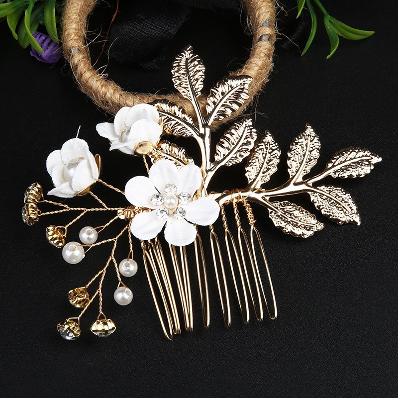 クロスボーダーの金色の葉の髪の櫛の髪の飾りの手作りの花嫁のセットの頭の飾りの花の挿し木の髪のヘアピンの花嫁の装飾品|undefined