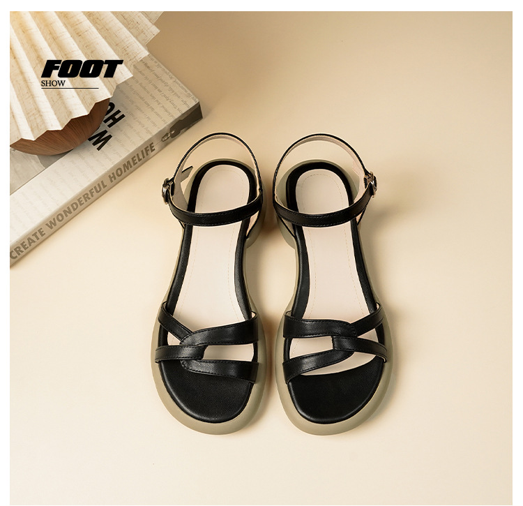 Sandal nữ đế bằng da thật quai chữ V mùa hè chống trượt — Màu đen chi tiết 19