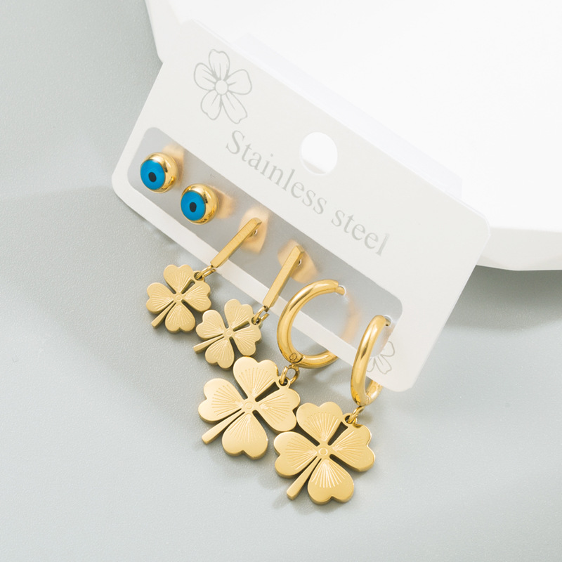 Fashion Four Leaf Clover Eye Titanium Steel Earrings Rhinestones Stainless Steel Earrings 3 Piece Se