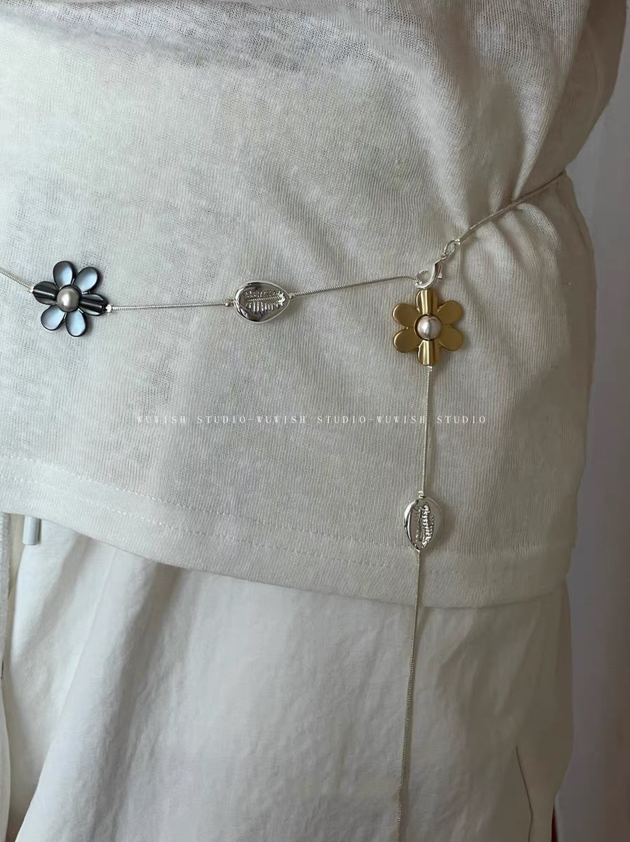 55g Weight Electroplated Gold Plating Process Golden Plated Plating Material Alloy Pendant Material Long Necklace Classification Alloy Chain Material Alloy Material Flower Pattern Trendy Bohemian Floral Metal Long Necklace Sweater Chain Waist Chain Color Block Design Elegant Unisex Jewelry Accessory 3
